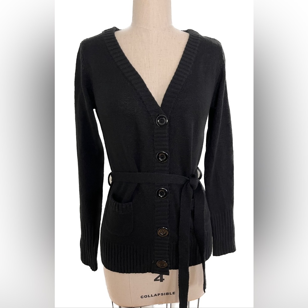 NWT Sacrifice | Black Sweater Button Closure Bend Tie Cardigan